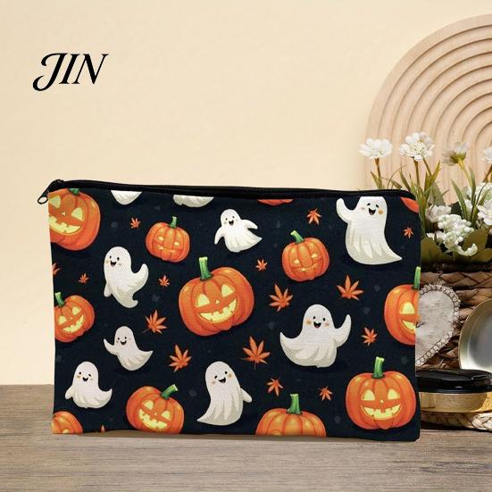 Durable Canvas Organizer for Travel Halloween Storage Bag, with Pumpkin Ghost Print, Washable Makeup Large Capacity Pouch, And Stationery Compact