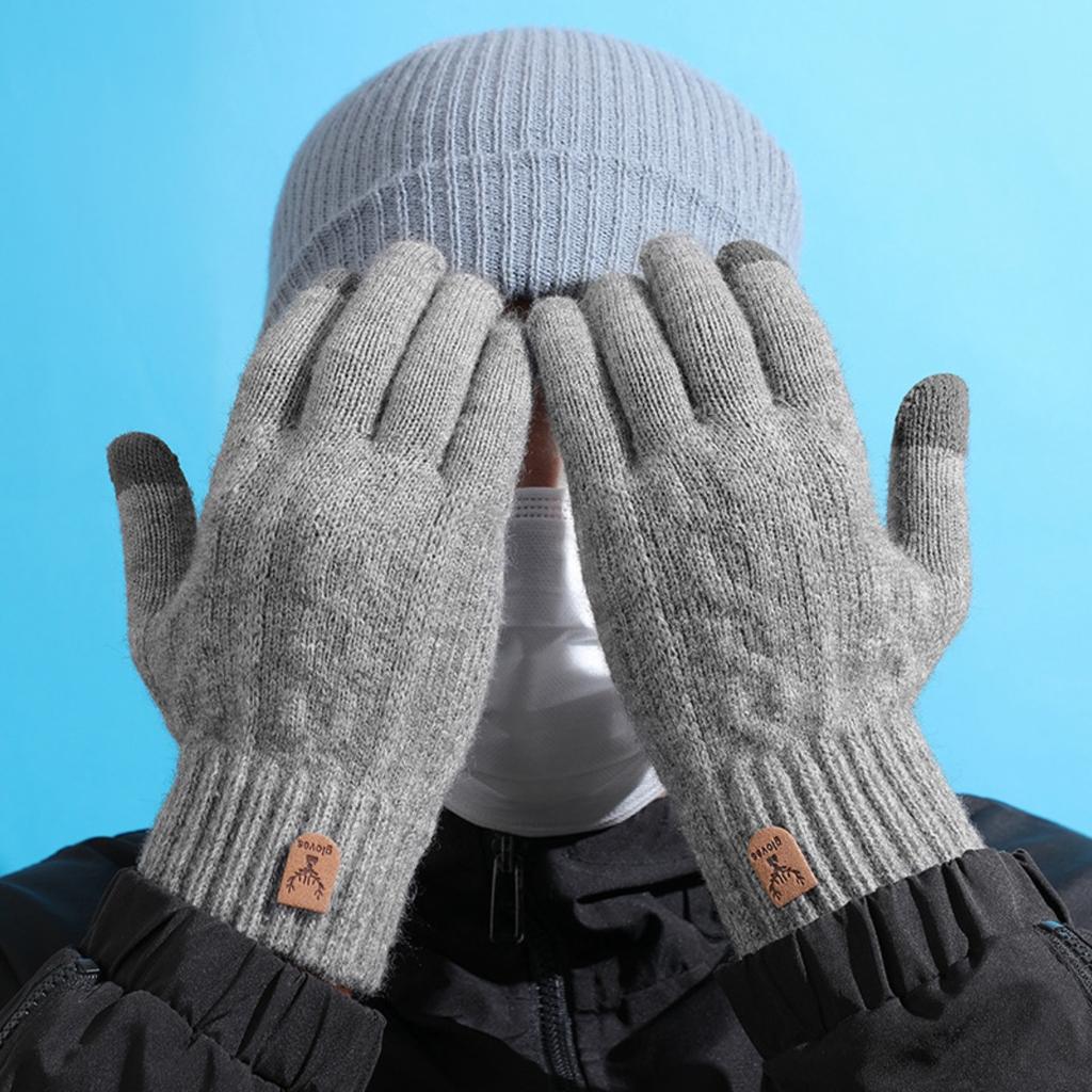 Winter Warm Gloves Touch Screen with Thick Velvet Knitted Cycling Cold Resistant Men's Gloves Five Finger Woolen Gloves