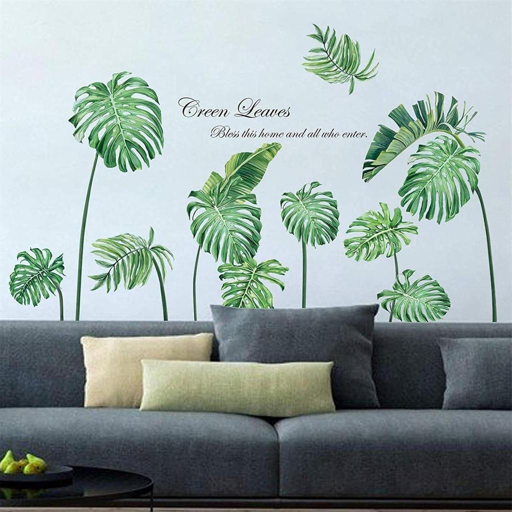 Decalmile Green Tropical Leaves Wall Decals Palm Tree Leaf Plants Wall Stickers Bedroom Living Room Sofa TV Background Wall Art Decor