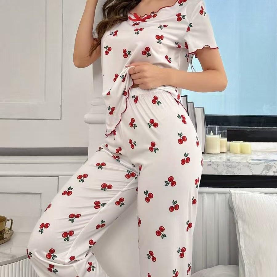 Women's Cherry Print Short Sleeve Pajamas with Long Pants and Turn-Down Collar