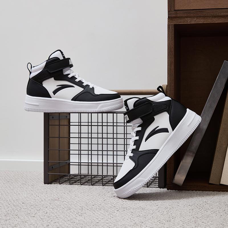 Anta Kids Synthetic Leather Fashion Versatile Lightweight Shock Absorbing High Top Kids Skate Shoes Men Skate Shoes Black White A12438004-5