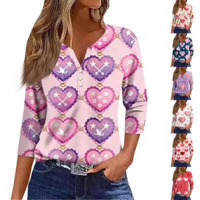 Women's Fashion Button-Up V-Neck Three-Quarter Sleeve Valentine's Day Print Top