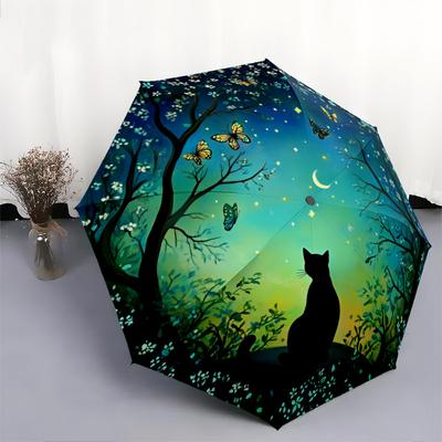 0106 Black Cat with Moon & Butterfly Pattern, Automatic Folding Umbrella, Portable and Foldable Design, 8 Ribs, a Christmas or Birthday Gift.