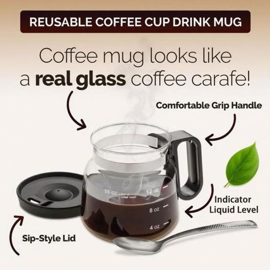 Kaffekopp i glass 16 oz Kaffekanne-stil kopp med lokk Stor kapasitet Varm og kald drikkekopp Gave til kaffeelskere