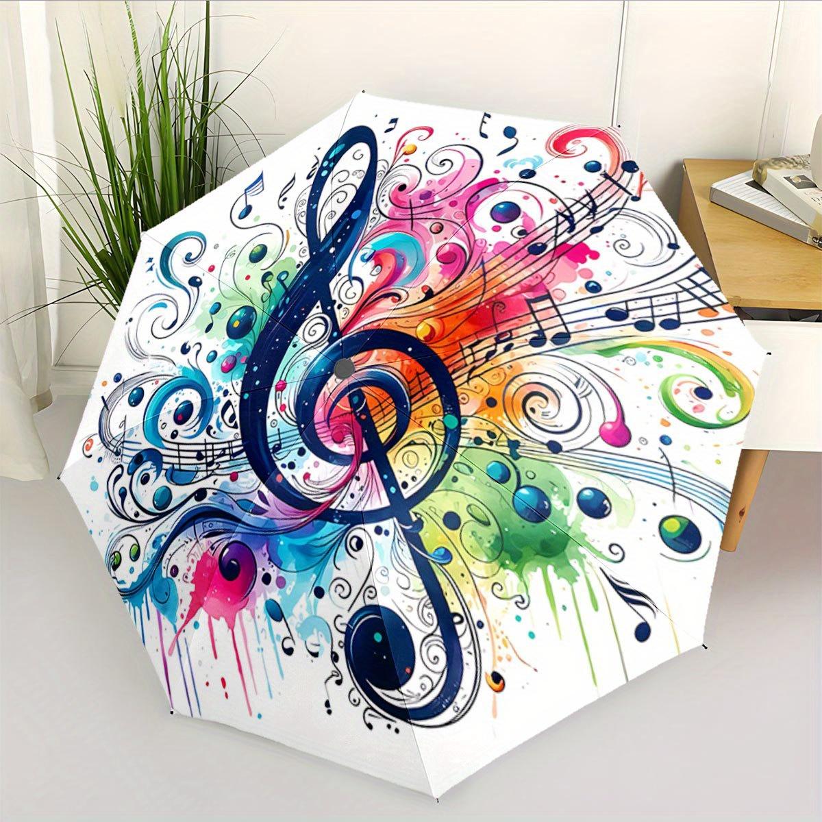 Automatic Folding Umbrella Colorful Musical Notes And Swirls Centered Around a Treble Clef. Portable Collapsible Design,Casual Outdoor Acces