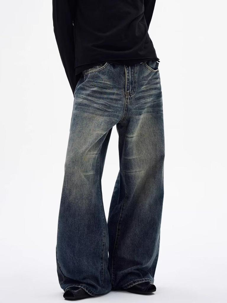 Men's Versatile Retro Wash Denim Jeans - Trendy Wide-Leg, Comfortable Slim Fit, High Street Casual Style