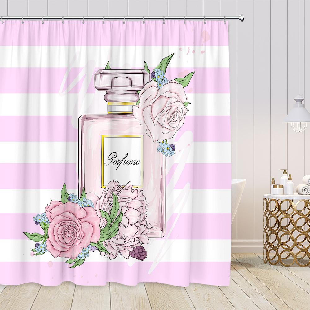 Pink Perfume Fashion Shower Curtains Cosmetics High-heels Dress Floral Bathroom Decorations Girl Vintage Bath Curtain with Hooks