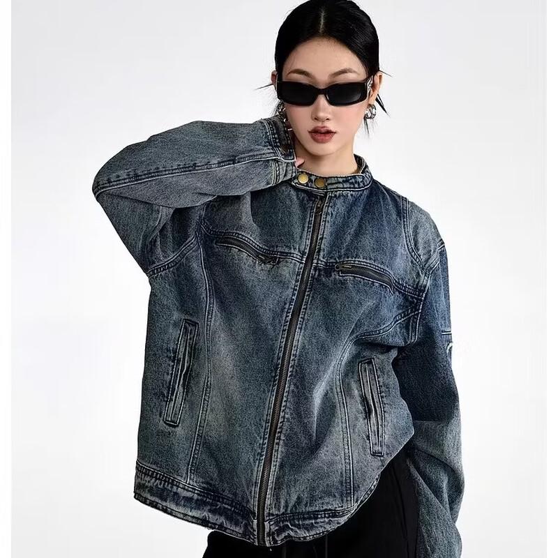 ICH MODE Women's Retro Washed Denim Jacket