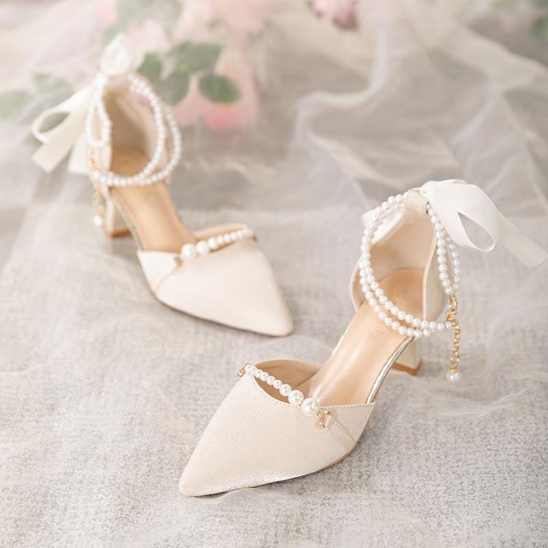 Sandals for Women Square Heels Pointed Toe Woman Shoes Medium Pearl Vip Footwear New Breathable Fashion Original Luxury 2025 Pvc