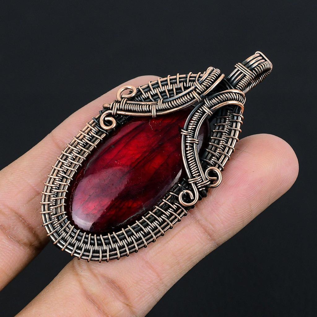 Red Flash Labradorite Pendant, 999 Copper Wire Wrapped Jewelry, Gemstone Jewelry Pendant, Handmade Wedding Gift Jewelry
