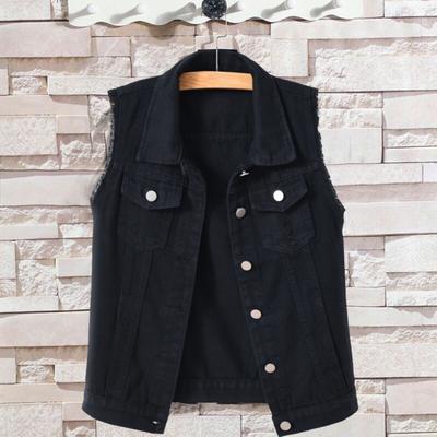 Lapel Sleeveless Single Breasted Flap Pockets Women Waistcoat Candy Color Ripped Holes Denim