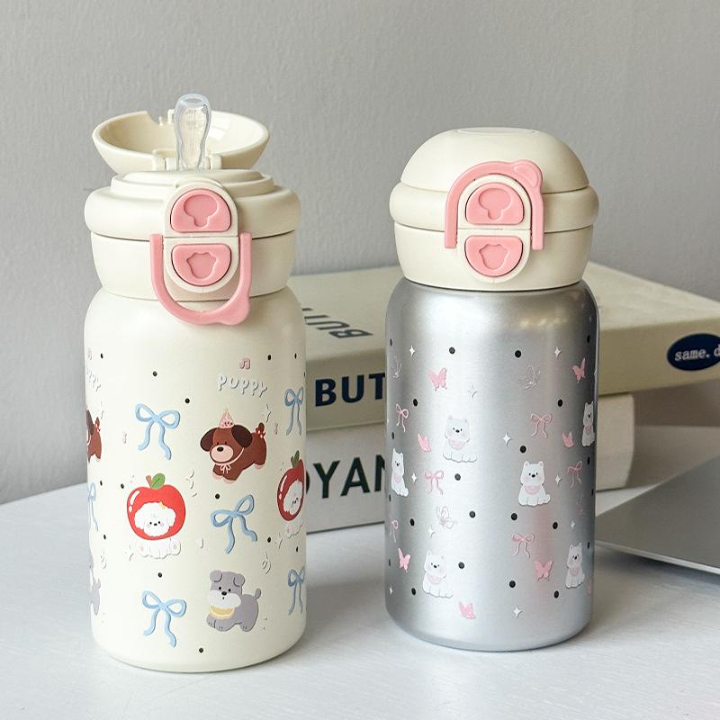 Cartoon cute double drink thermos cup portable elastic cover straw water cup boys and girls planet cat stainless steel