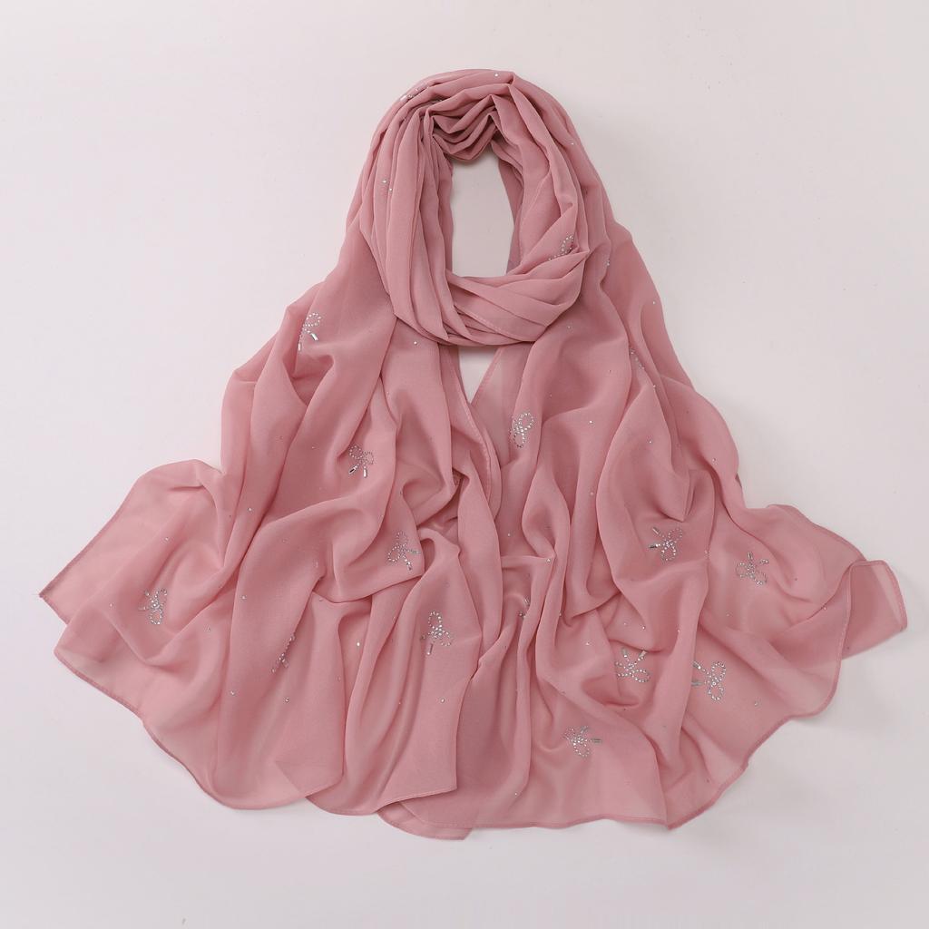 Pearl Chiffon Starry Bow Rhinestone Long Scarf Muslim Women Headscarf