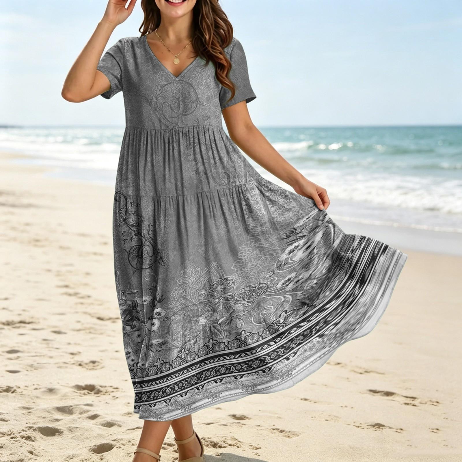 Women Casual Loose Fit Bohemian Style Gradient Print Short Sleeve V Neck Midi Dress Summer Beachwear S