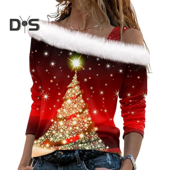 Women Christmas Top Hollow Out One Shoulder Shiny Sequin Long Sleeve Snowflake Print Thick Warm Pullover Color Matching Lady New Year Party Top