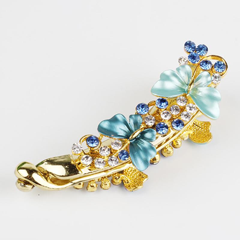 Women Elegant Crystal Diamond Hairpin Resin Butterfly Shaped Banana Hair Clip Claw Ponytail Holder Headwear Barrette
