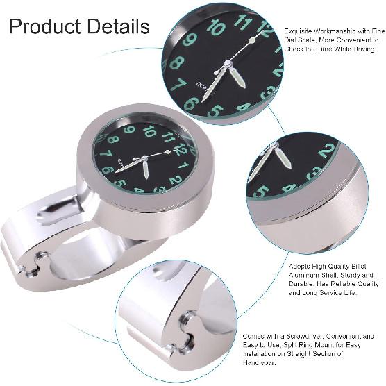 7/8 to 1 Motorcycle Handlebar Clock, Silver Waterproof Handlebar Glow Mount Clock Watch for Motorcycle, Cruiser, Chopper, Custom Bikes