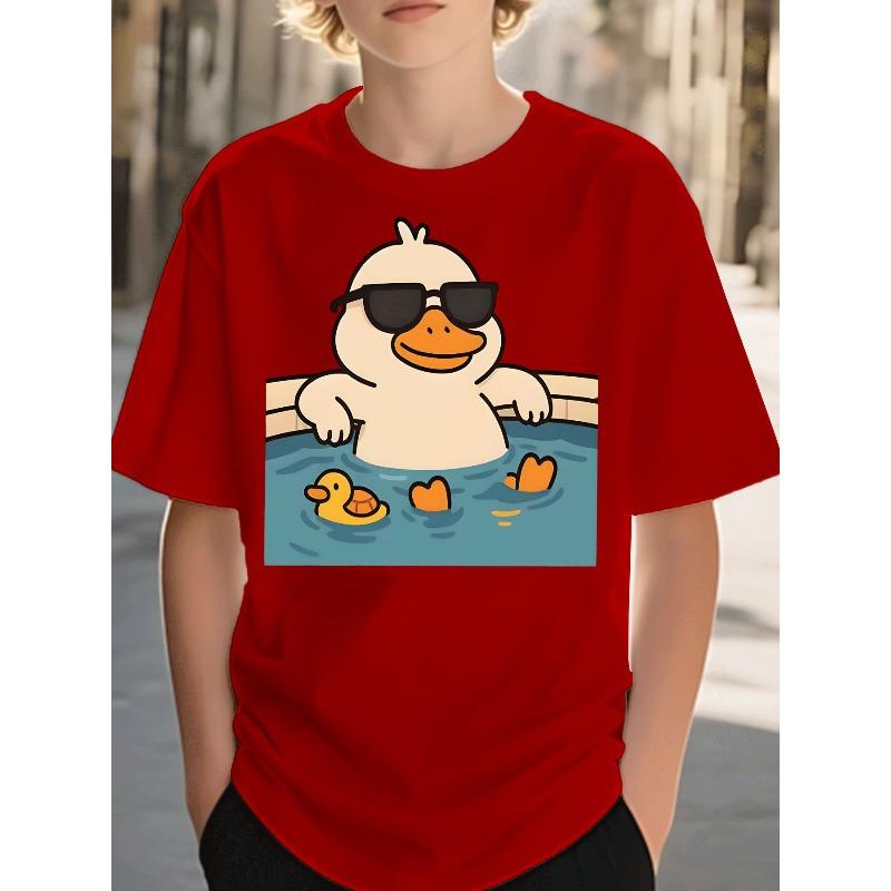 Boys Crewneck Tee, Trendy Rubber Duck With Sunglasses Pool Cartoon Print Street Style Casual Kids Top