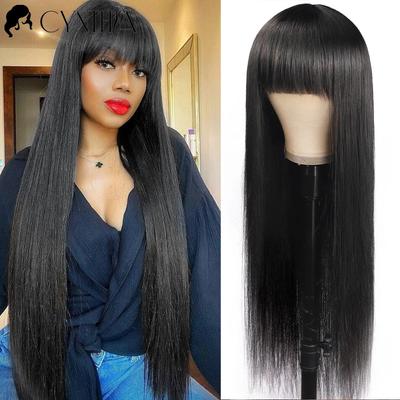 Natural Black Straight Synthetic Wigs For Women with Bangs 28Inch Daily Party Cosplay Wigs Heat Resistant Natural Hair Wig