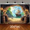 Large Pirate Ship and Treasure Chest Backdrop Fabric, Banners Resembling Treasure Maps, and Pirate Accessories