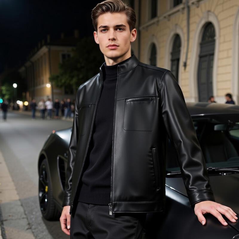 Men's Lambskin Stand Collar Motorcycle Leather Jacket