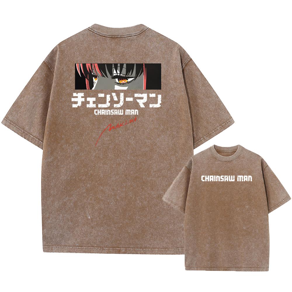 Chainsaw Man Anime Manga Koszulka Washed z Krótkim Rękawem Oversize T-Shirty Nowość Męskie Topy Streetwear z Nadrukiem
