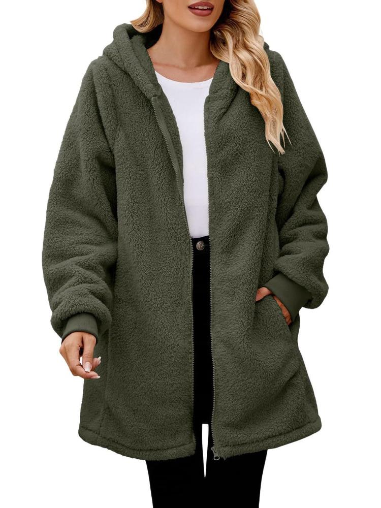 Winter loose plush women's long sleeved hooded zipper cardigan jacket