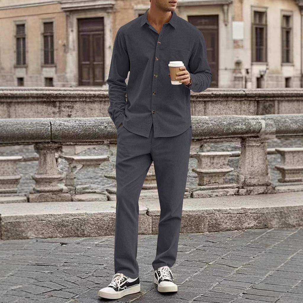 Übergröße Herren Casual Street Zweiteiler Modestil Basic Cord Oberteile und Bleistifthose Anzug Herren Sport 2-teiliges Outfit Neu