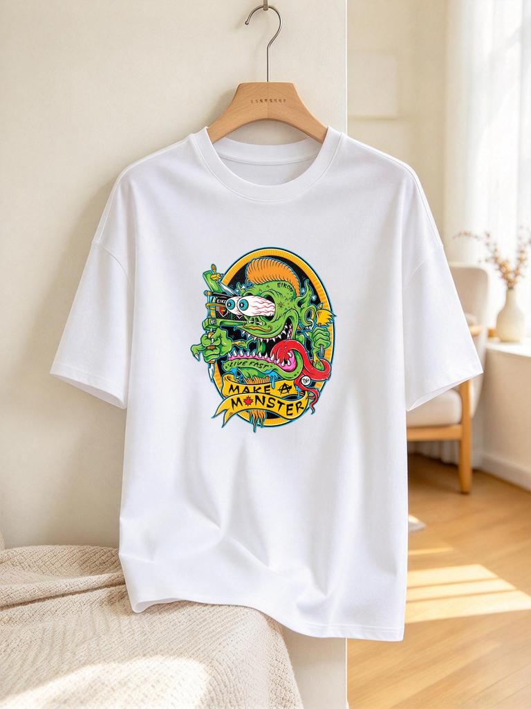 Unisex T-shirt Cartoon Monster Print Summer Casual Comfortable Soft Tops Daily Wear