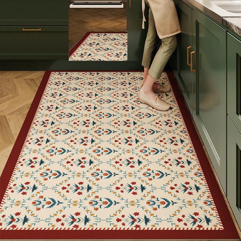 Kitchen Carpet Pvc Waterproof Non-slip Floor Mat Retro American Style Home Decoration Rug Plaid Plant Flower Anti-oil Carpets
