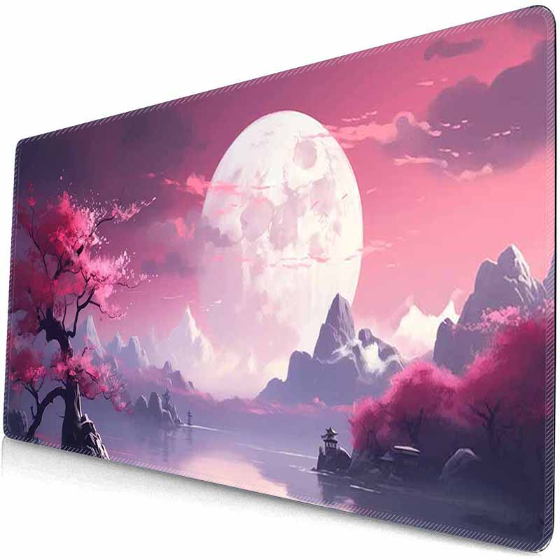HD Große Gaming-Mauspads Kirschblüten-Landschaft Mond-Mauspad Große Schreibtischunterlagen Rutschfeste Gummi-Mauspads XXL Große Tastatur-Tischmatten