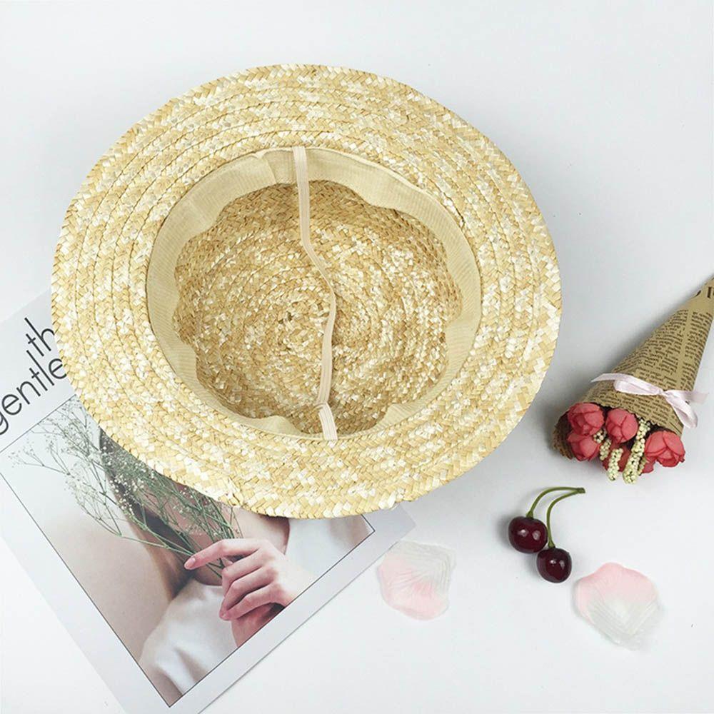Flat Top Beach Ribbon Straw Hat Girls Bowknot Sun Hat