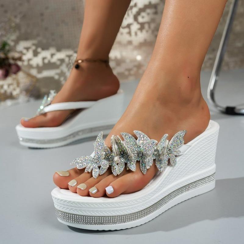 Shiny Crystal Wedge Slippers for Women Fashion Platform Sandals Woman Thick Sole Rhinestone Butterfly Party Shoes