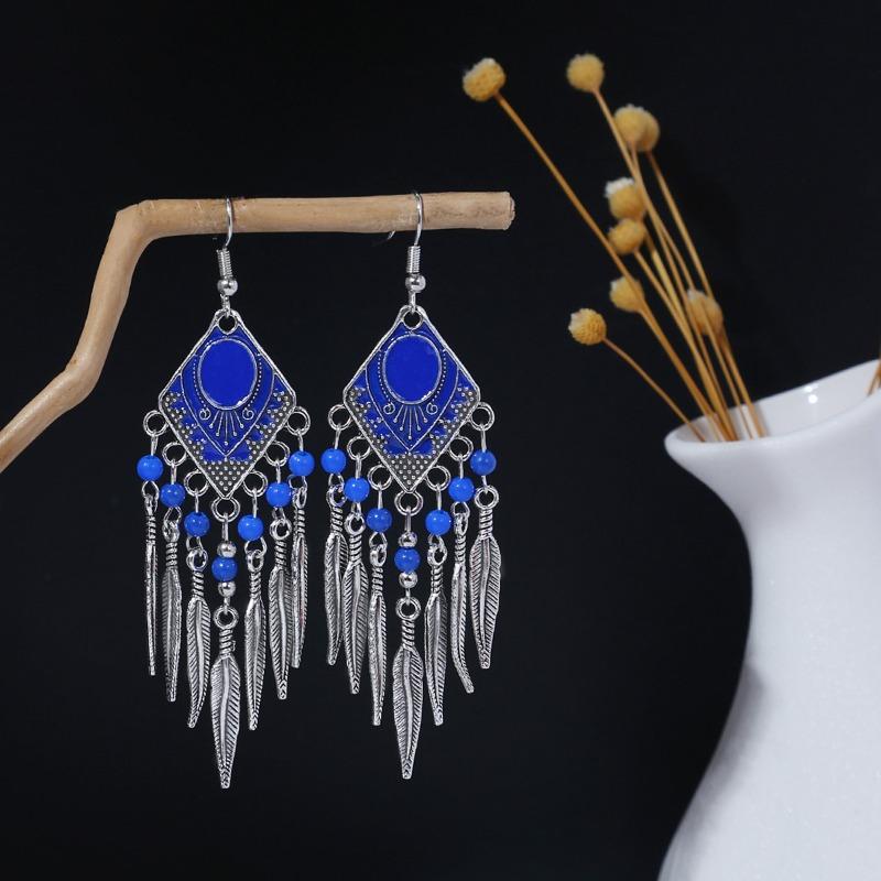 Rhombus colored beaded feather long fringed earrings, high-end retro contrasting color temperament earrings women