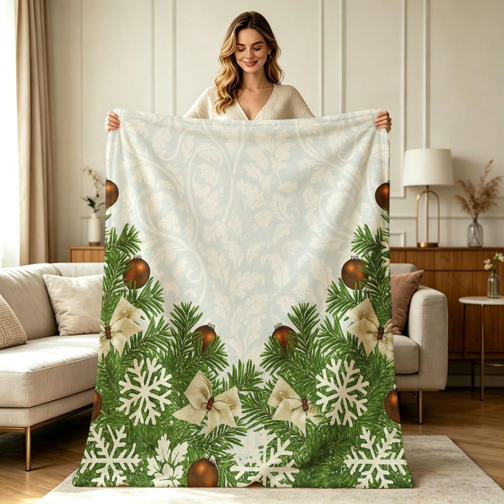Soft Warm Flannel Christmas Throw Blanket with Pine Branch Snowflake Bow Ornament Print All Season Cozy Blanket for Sofa Couch Living Room Bedroom Off
