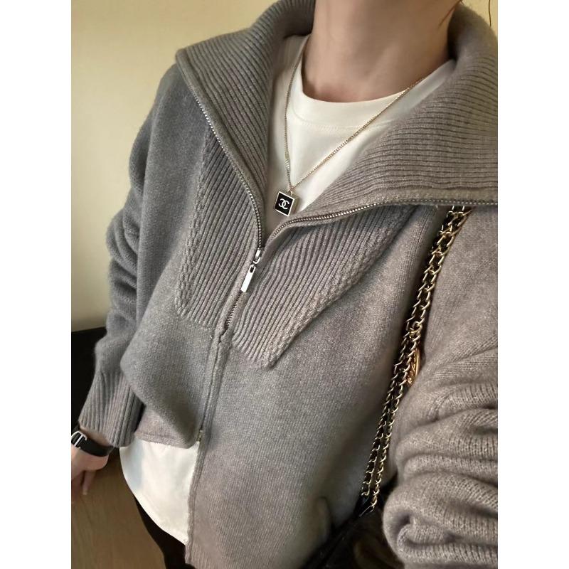 Double Zipper Lapel Thick Fashion Lazy Sweater Autumn and Winter New Loose Plus Size Knitwear Women