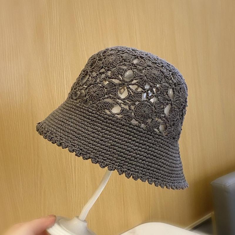 Crochet Floral Bucket Hat for Woman Teenagers Outdoor Foldable Commute Fisherman Hat Wide Brim Summer Sunproof Hat