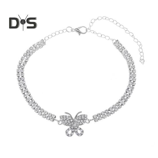 

Женский браслет на щиколотку, двухслойный, блестящий, со стразами, регулируемая длина, украшение на щиколотку в виде бабочки, ювелирное изделие для вечеринки, пляжа, повседневной носки, цепочка на щиколотку, юбилей, день рождения серебряный