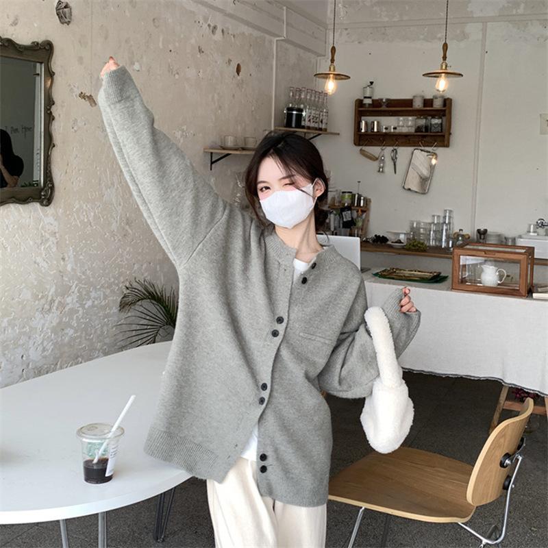 Autumn and winter crew neck knitted cardigan sweater women's lazy style large version loose solid color high-end coat