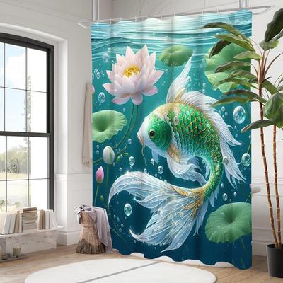 Cortina de Baño con Patrón de Peces Loto Cortina de Ducha para Baño Impermeable Con 12 Ganchos Decoración del Hogar Envío Gratis