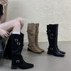 Khaki High Heel Suede Pile Medium Boots Women's Boots 2025 Fall Winter Western Skinny Long Knight Boots