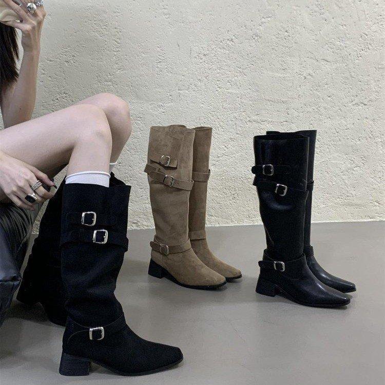 Khaki High Heel Suede Pile Medium Boots Women's Boots 2025 Fall Winter Western Skinny Long Knight Boots
