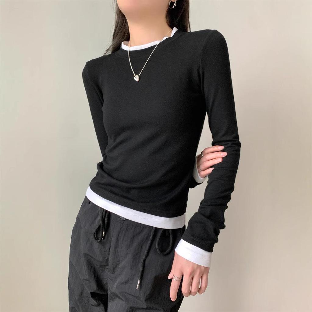 Women's Two-Piece Look Slim Fit Long-Sleeve T-Shirt - New for Early Autumn 2024, Round Neck Versatile Pullover Top.