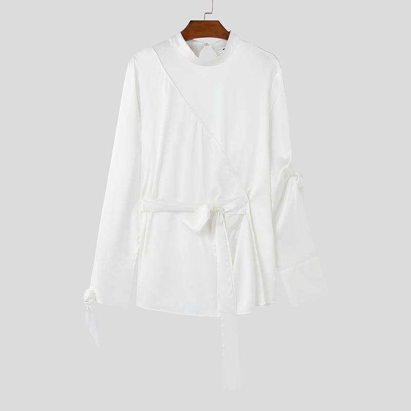 

INCERUN Мужские атласные рубашки с длинным рукавом и вырезом, повседневные однотонные топы 3XL белый