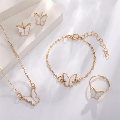 5 PCS Enamel Colorful Butterfly Pendant Bracelet Earrings for Women Girls Romantic Chain Necklace Wedding Party Jewelry Set