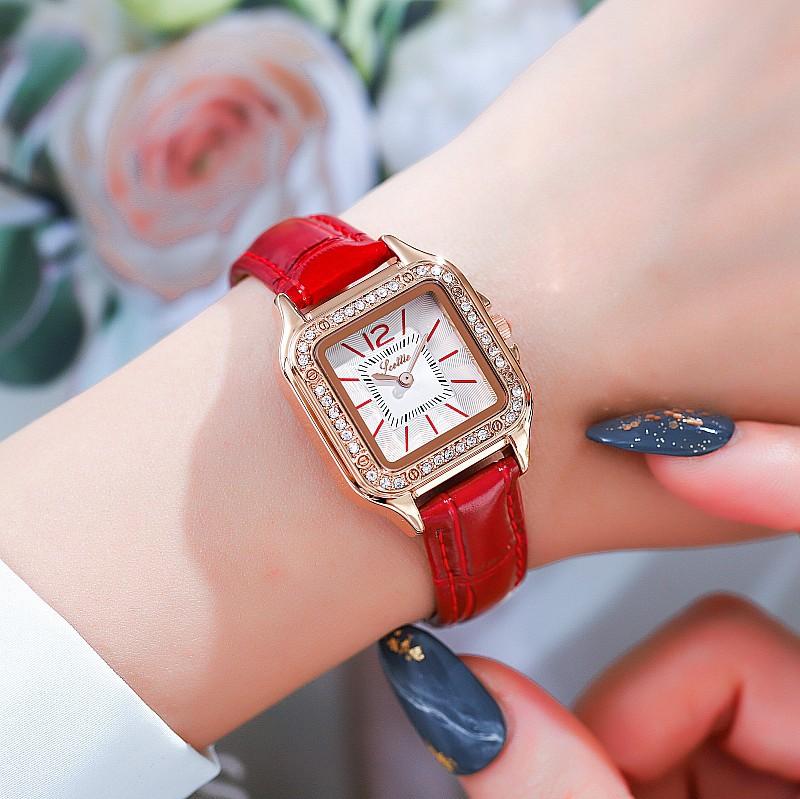 Fashion Diamond Trend Personalized Waterproof Ladies Watch Women'S Square Red Belt