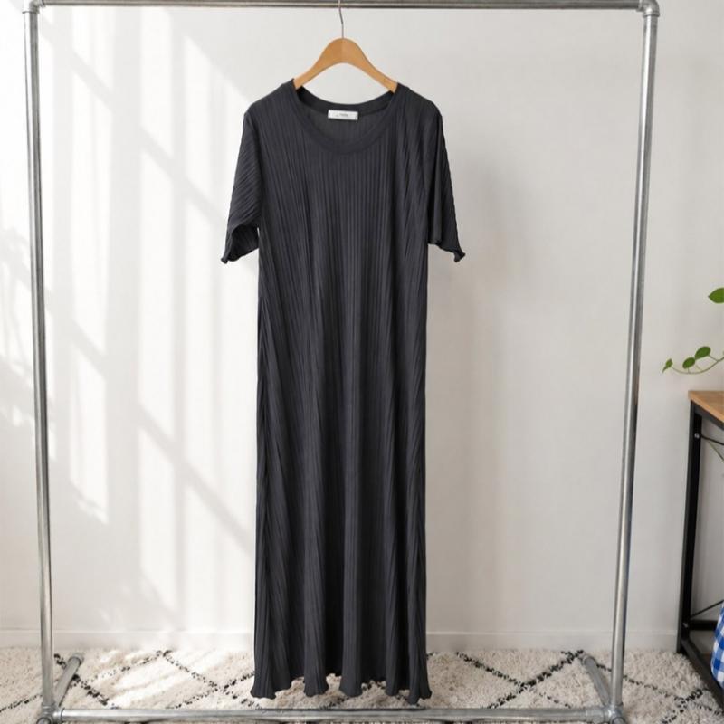 Shop Women Loose Fit Round Neck Pleats Cooling Long Dress Light Pink Ll Wdr 52