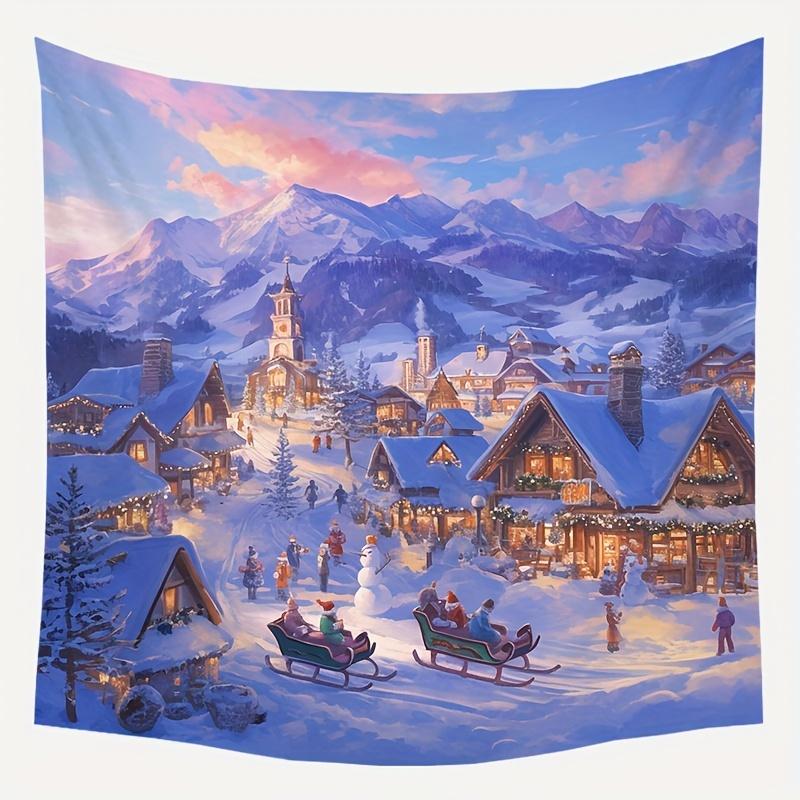 3D Christmas Town Snow Scene Wall Tapestry Winter Wonderland Backdrop New Year Wall Hanging Decor for Living Room Best for Christmas