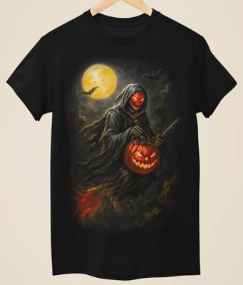 Inspired by Pumpkin Reaper Witch Dark Horror Art Unisex Black T-Shirt (H0-030)