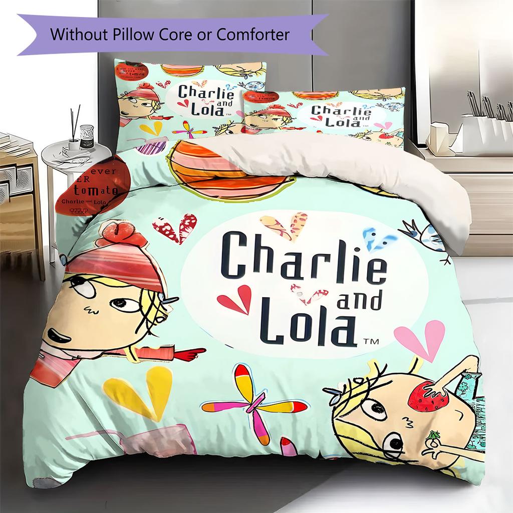 Charlie und Lola Muster Bettwäsche Steppbett Set Bettbezug Kissenbezug Heimdekoration Geburtstagsgeschenk (1 Bettbezug + 2 Kissenbezüge, ohne Füllung)